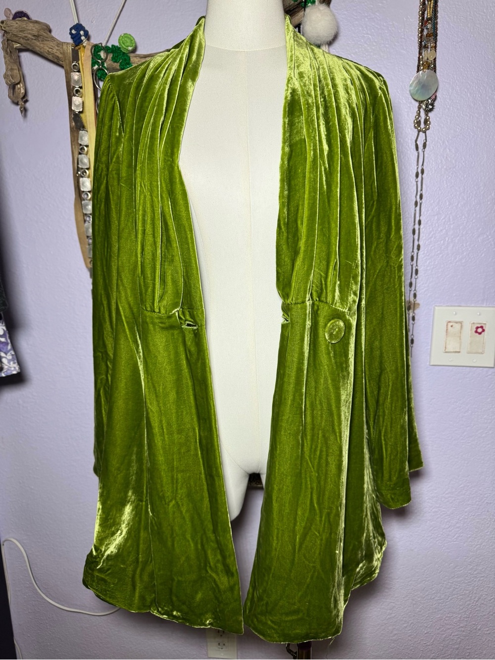 silk-blend Lime Green Velvet Lounge Robe duster/coat
